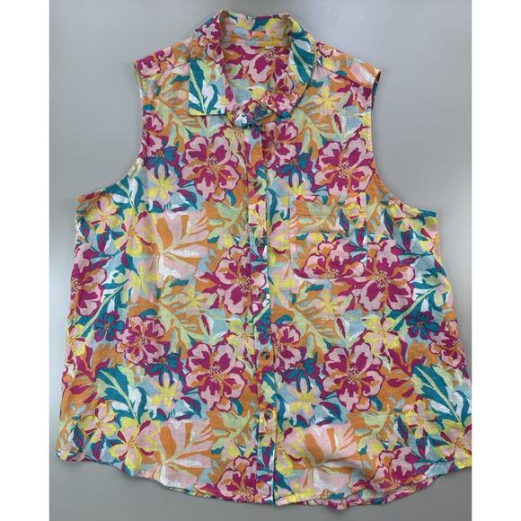 Unbranded Tops - Womens Linen Floral Sleeveless Polo Large Lightweight Flowy Tropical Vacation